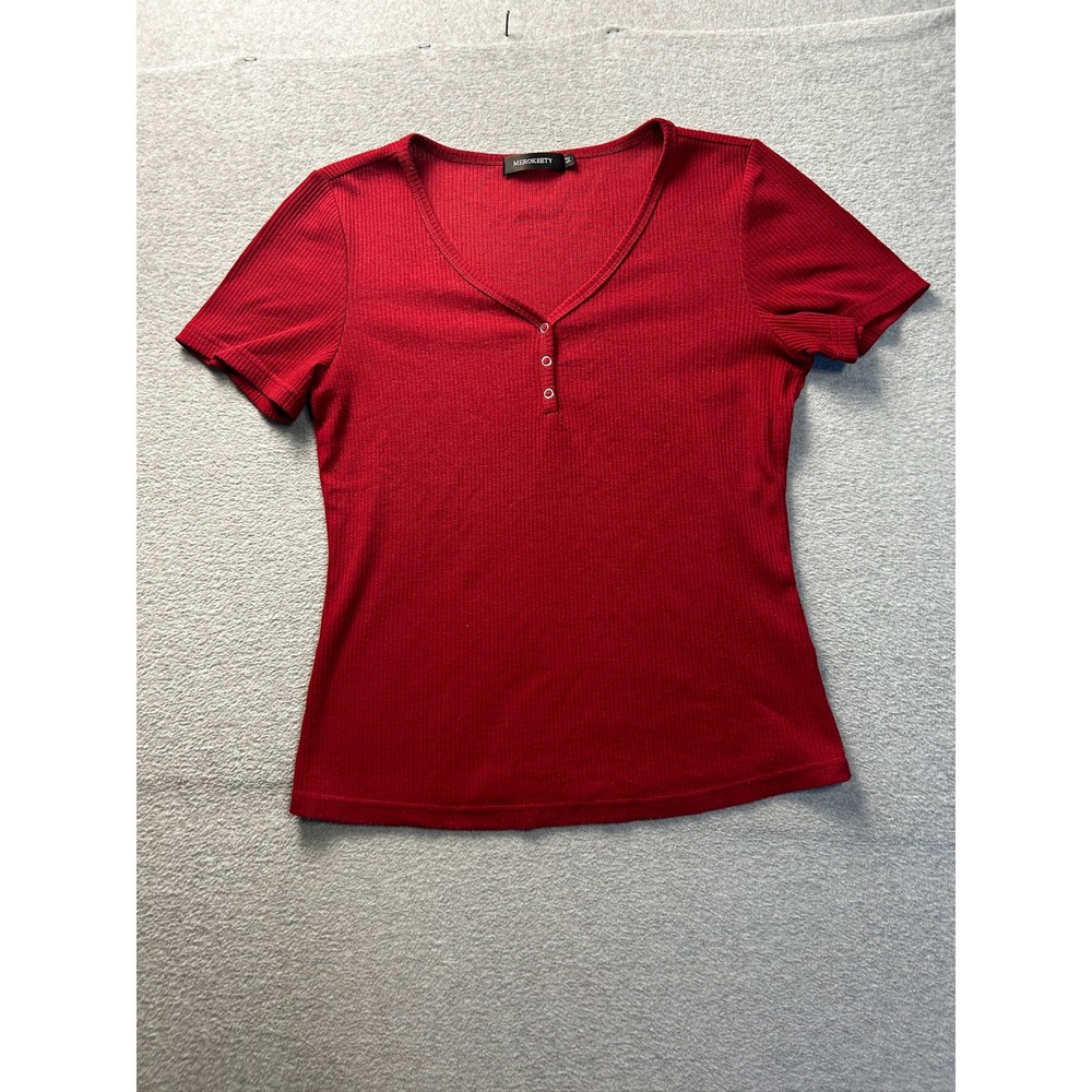 Ribbed Henley Top Womens XL Red Short Sleeve Stretch Casual Merokeety